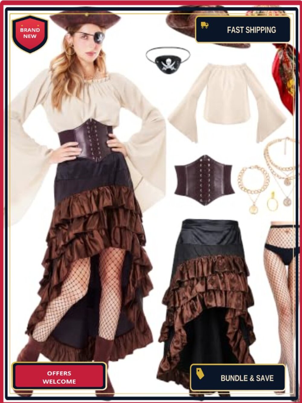 Women's Pirate Costume 11 Piece Set Long Sleeve Shirt High Low Skirt Corset